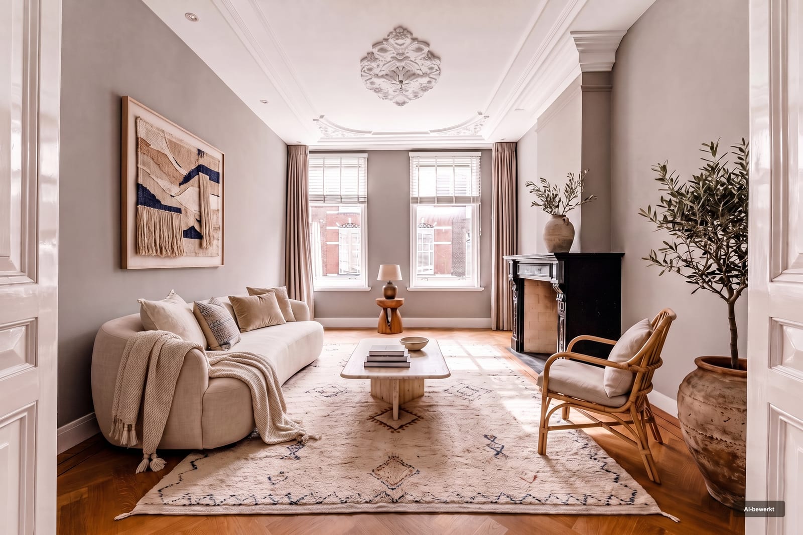 Dezelfde woonkamer, door ZienKlaar ingericht en gestyled, met het zichtbare AI-kenmerk in de hoek.